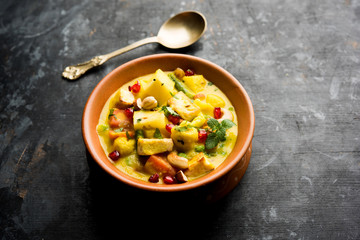 Navratan Korma is a rich, creamy and flavorful Mughlai dish  from India that literally translates to nine-gem curry. The “gems” are the fruits, vegetables and nuts that make up the curry. 