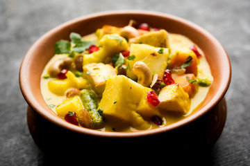 Navratan Korma is a rich, creamy and flavorful Mughlai dish  from India that literally translates to nine-gem curry. The “gems” are the fruits, vegetables and nuts that make up the curry. 