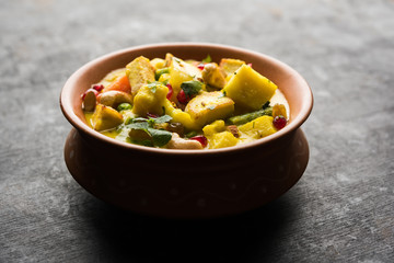 Navratan Korma is a rich, creamy and flavorful Mughlai dish  from India that literally translates to nine-gem curry. The “gems” are the fruits, vegetables and nuts that make up the curry. 