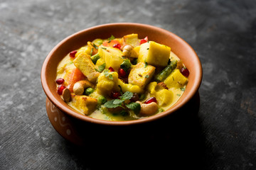 Navratan Korma is a rich, creamy and flavorful Mughlai dish  from India that literally translates to nine-gem curry. The “gems” are the fruits, vegetables and nuts that make up the curry. 