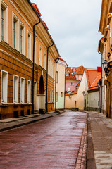 Stylish and cozy street in Old Town of Vilnius. Classical European architecture street