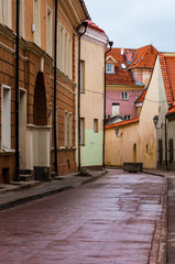 Stylish and cozy street in Old Town of Vilnius. Classical European architecture street
