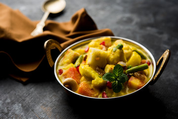 Navratan Korma is a rich, creamy and flavorful Mughlai dish  from India that literally translates to nine-gem curry. The “gems” are the fruits, vegetables and nuts that make up the curry. 