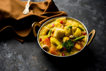 Navratan Korma is a rich, creamy and flavorful Mughlai dish  from India that literally translates to nine-gem curry. The “gems” are the fruits, vegetables and nuts that make up the curry. 