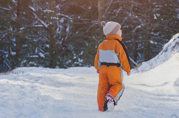 Fototapeta na wymiar Little boy in an orange jumpsuit walking on snow-covered road in a coniferous forest. Winter sunny day. Back view.