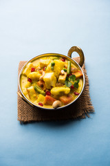 Navratan Korma is a rich, creamy and flavorful Mughlai dish  from India that literally translates to nine-gem curry. The “gems” are the fruits, vegetables and nuts that make up the curry. 