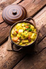 Navratan Korma is a rich, creamy and flavorful Mughlai dish  from India that literally translates to nine-gem curry. The “gems” are the fruits, vegetables and nuts that make up the curry. 