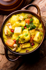 Navratan Korma is a rich, creamy and flavorful Mughlai dish  from India that literally translates to nine-gem curry. The “gems” are the fruits, vegetables and nuts that make up the curry. 