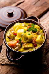 Navratan Korma is a rich, creamy and flavorful Mughlai dish  from India that literally translates to nine-gem curry. The “gems” are the fruits, vegetables and nuts that make up the curry. 