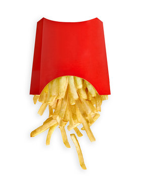 French fries in red fry box isolated on white background