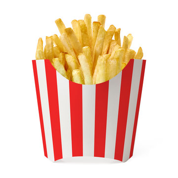 French fries in stripped fry box isolated on white background