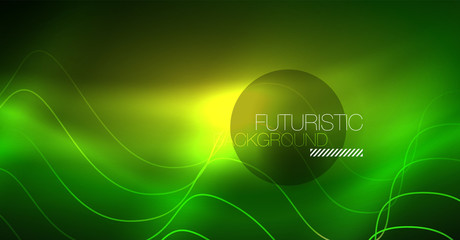Abstract shiny glowinng color wave design element on dark background - science or technology concept