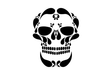 Drawing of a skull with black paisley shapes, vector illustration