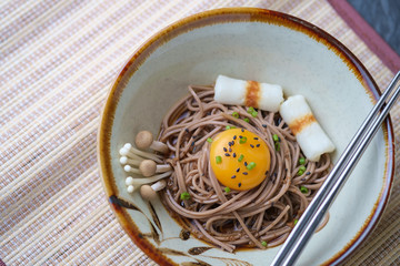 A bowl of buckwheat noodle or soba