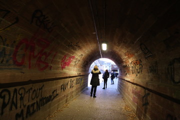 Strasbourg France tunnel, woman in tunnel