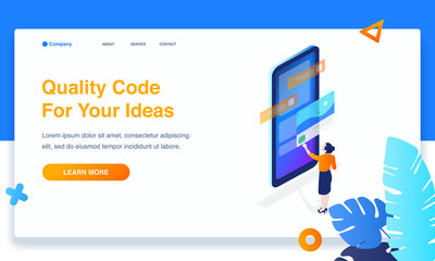 Woman build responsive mobile application, 3d isometric.