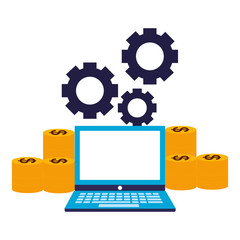 business laptop stack coins money gears