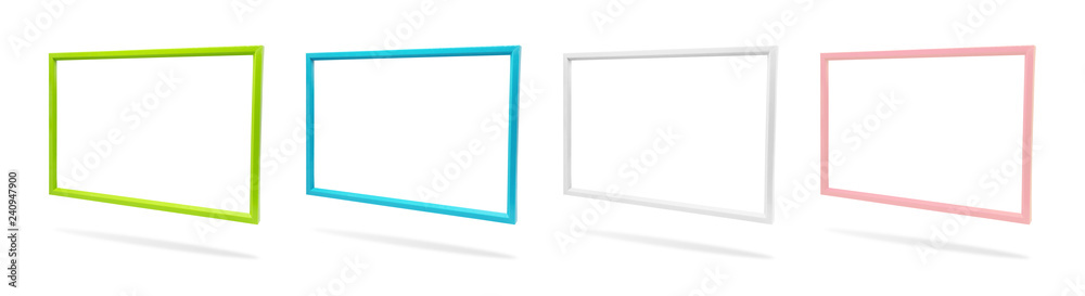 Poster Blank colorful photo frame template set on isolated background with clipping path. Simple plastic border for your design.