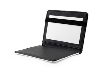 Blank leather bag or card holder for keep name contact on isolated background with clipping path. Small wallet cover for your design.