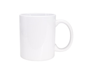 White ceramic handle mug on isolated background with clipping path. Blank drink cup for your design.