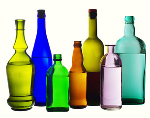 Colored wine bottles on white. Isolated on white