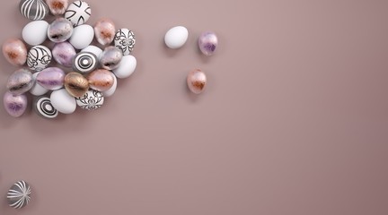 Easter decor on a rectangular background color of coffee with milk. 3D illustration