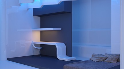 Design the future. Bedroom in the style of the space. Panorama. 3D illustration