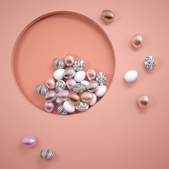 Easter decor. The square background of a Living Coral with a round slot. Color concept 2019. 3D illustration