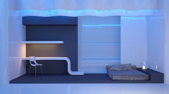 Design the future. Room for a teenager in the style of space. Panorama. 3D illustration