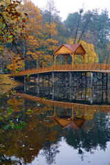 Wooden bridge over the river with a canopy. 