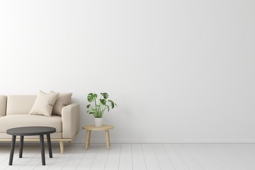 Minimal concept. interior of living beige fabric sofa, wooden table on wooden floor and white wall.