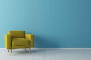 Minimal concept. interior of living yellow fabric armchair, on wooden floor and blue wall.