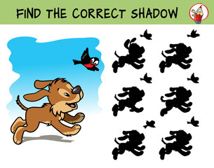 Funny litlle dog and a bird. Find the correct shadow. Educational matching game for children. Cartoon vector illustration