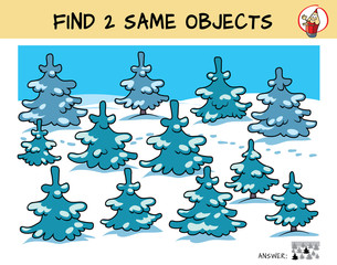 Find two the same pine trees in the picture. Educational matching game for children. Cartoon vector illustration