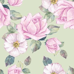 Delicate pink roses. Watercolor floral seamless pattern