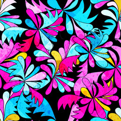 Fototapeta premium brightly colored abstract flowers on a black background seamless pattern illustration