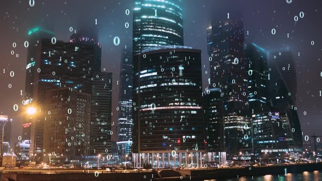 Motion graphics, symbol visualization of the binary number system, view of skyscrapers in fog on background, night city timelapse.