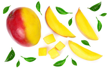 Mango fruit decorated with leaves isolated on white background close-up. Top view. Flat lay