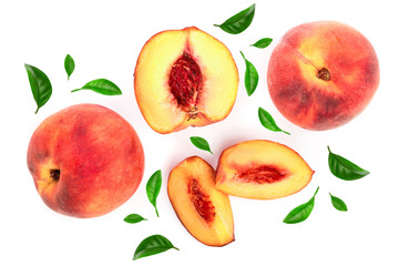 ripe peaches with leaves isolated on white background. Top view. Flat lay pattern