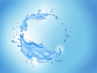 Water splash transparent. Realistic water circle frame on blue background