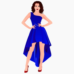 Fashion illustration of a blond girl in a long dress. watercolor. Vector illustration.