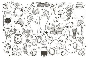 Sketch vector graphic magical set illustration with mystic and occult hand drawn symbols. Magic and esoteric concept. Vintage element freemasonry. Fantasy sign