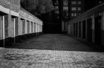 Garages for cars. Ust-Kamenogorsk (Kazakhstan). Black and white. Cityscape. Urban