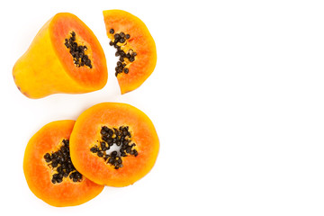 ripe slice papaya isolated on a white background with copy space for your text. Top view. Flat lay
