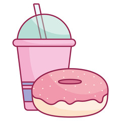 plastic cup with straw and donut