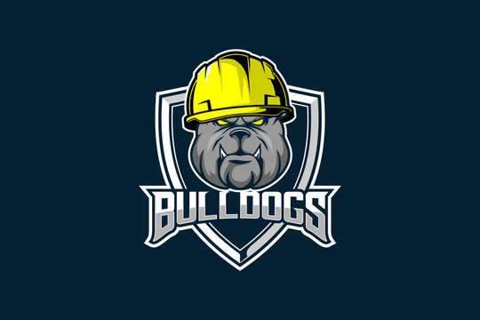 bulldog head cartoon with hard hat vector badge logo for sport team