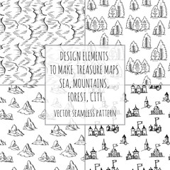 Example design elements to make your own fantasy or treasure maps. Includes city, forest, mountains, sea, waves, ocean. Imitation of medieval drawings. Hand-drawn sketch. Vector