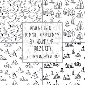 Example design elements to make your own fantasy or treasure maps. Includes city, forest, mountains, sea, waves, ocean. Imitation of medieval drawings. Hand-drawn sketch. Vector