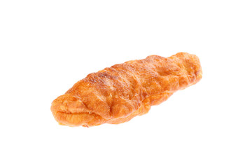 Traditional Bulgarian homemade donut like breakfast, named Mekitsa or Mekica, with white cheese stuffing, isolated on white background. Mekitsa is made of kneaded dough that is deep fried