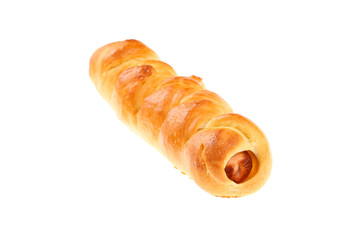 Traditional Bulgarian pasty breakfast dish named Krenvirshka, isolated on white background. Krenvirshka is a little bread stuffed with small hotdog like sausage (Krenvirsh in Bulgarian)